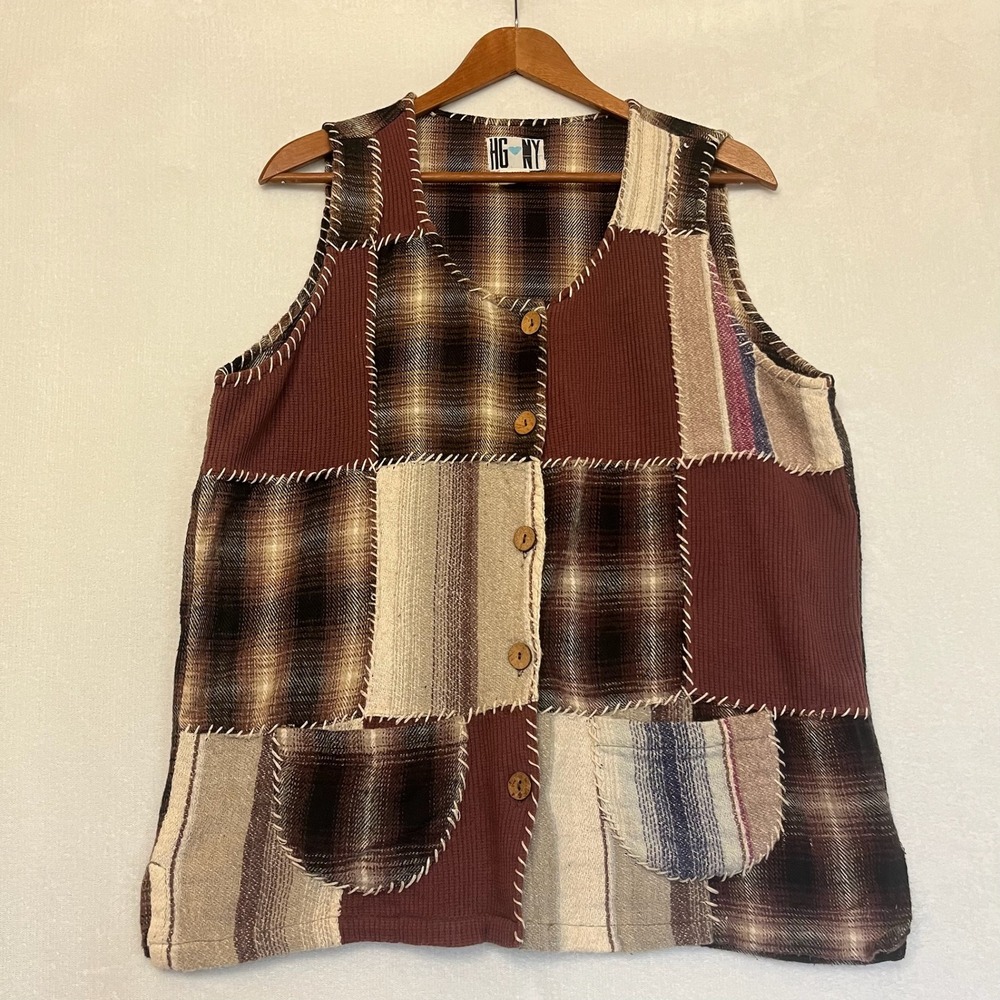 HG NY Women's Patchwork Plaid Vest Cotton Button Front Layering Piece Vintage‎ M